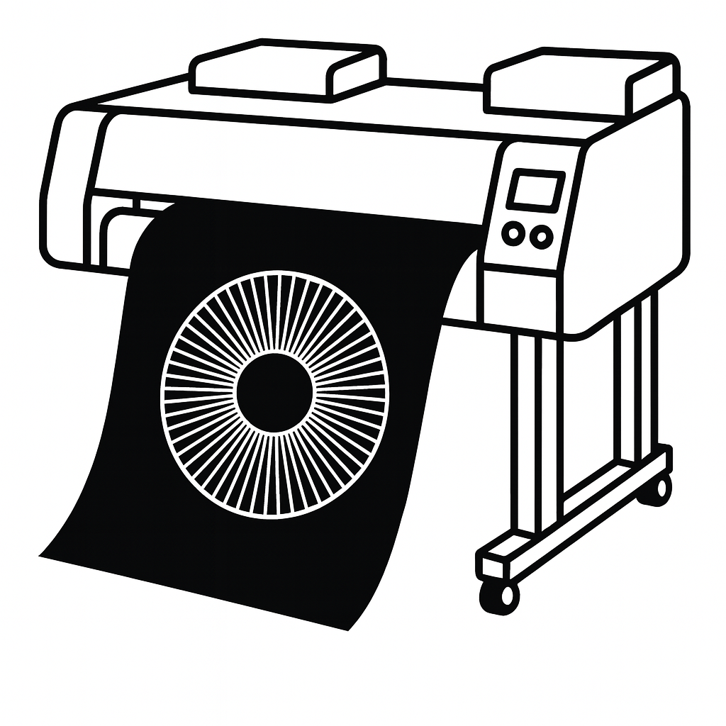 איור של מדפסת גדולה המדפיסה תמונת קשתית העין לאחר צילום קשתית העין ליצירת תמונה אומנותית ממוסגרת.