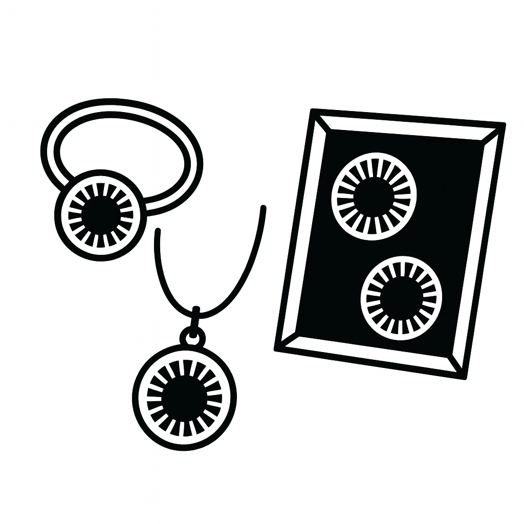 איור של מוצרים מצילום קשתית העין הכוללים תליון, טבעת ותמונה ממוסגרת של קשתית העין בעיצוב אישי.